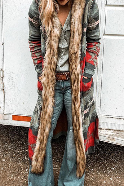 Casual Street Print Patchwork Pocket Hooded Collar Outerwear(4 Colors)