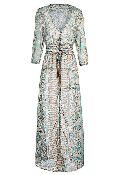 Bohemian Print Frenulum Buckle Slit V Neck Dresses