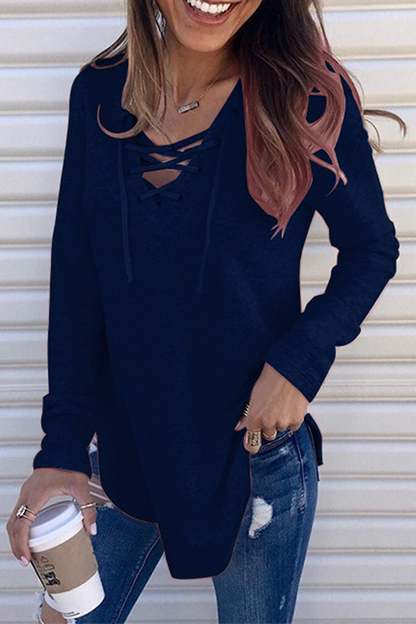 Casual Solid Patchwork Cross Straps V Neck Tops