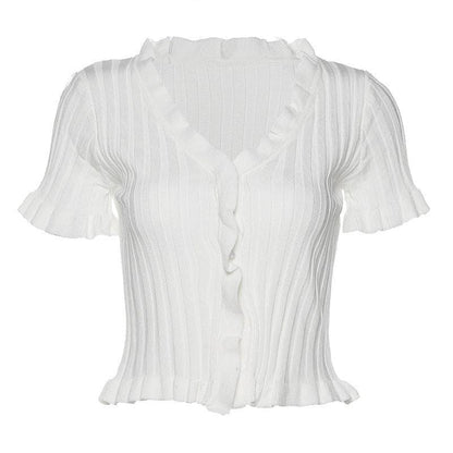 Short sleeve ribbed ruffled buttoned crop top