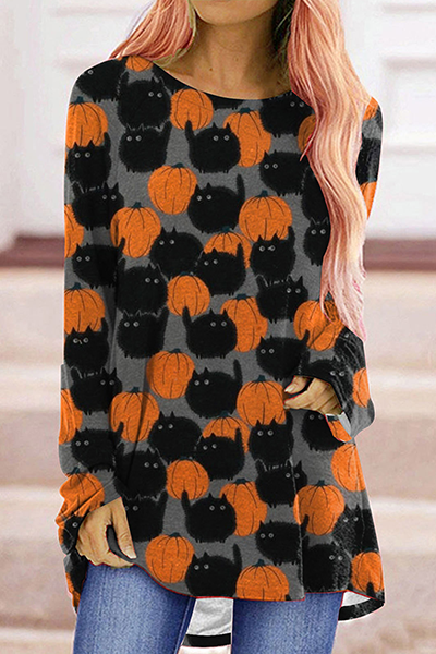 Street Print Split Joint Basic O Neck Tops