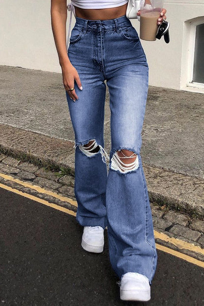 Fashion Casual Solid Ripped High Waist Straight Jeans(3 Colors)