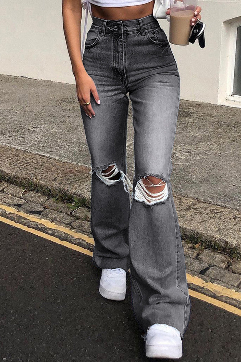 Fashion Casual Solid Ripped High Waist Straight Jeans(3 Colors)