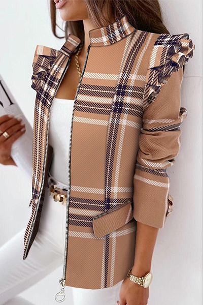 Print Flounce Zipper Mandarin Collar Outerwear(5 Colors)