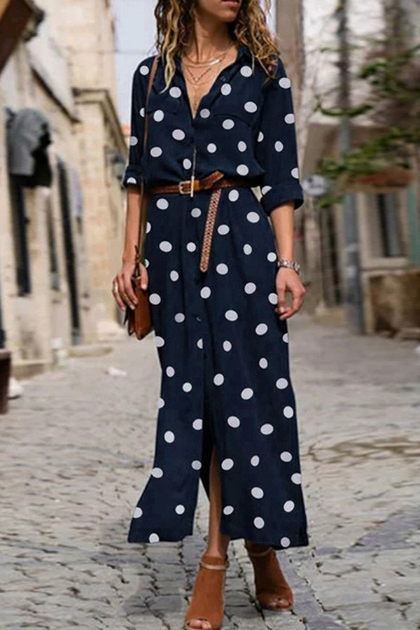 Casual Polka Dot Buckle Slit Turndown Collar Shirt Dress Dresses (Without Belt)(4 Colors)