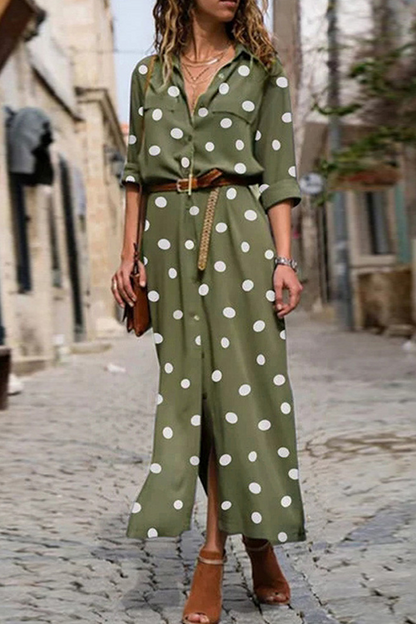 Casual Polka Dot Buckle Slit Turndown Collar Shirt Dress Dresses (Without Belt)(4 Colors)