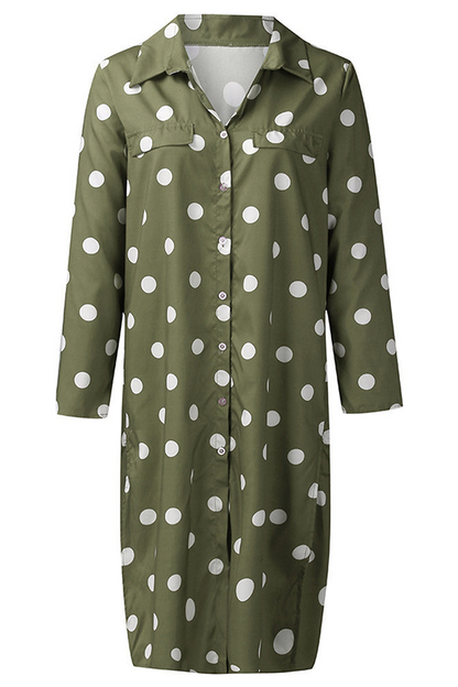 Casual Polka Dot Buckle Slit Turndown Collar Shirt Dress Dresses (Without Belt)(4 Colors)