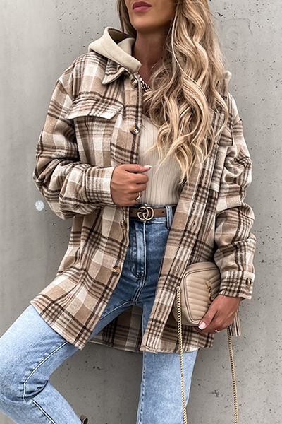 Casual Plaid Patchwork Buckle Hooded Collar Outerwear