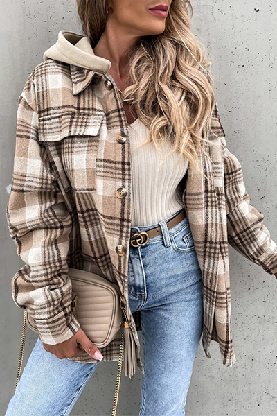 Casual Plaid Patchwork Buckle Hooded Collar Outerwear