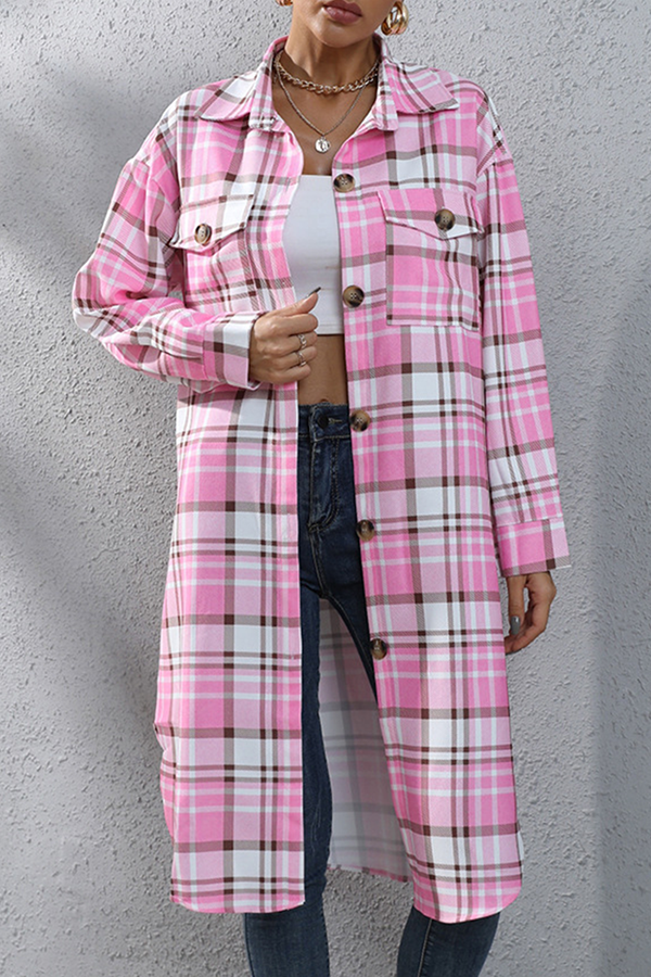 Casual Street Plaid Pocket Buckle Turndown Collar Outerwear