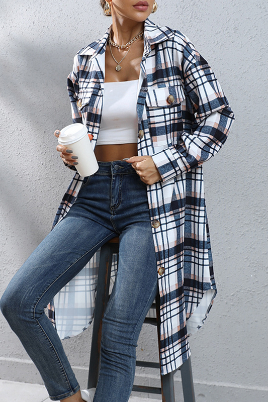 Casual Street Plaid Pocket Buckle Turndown Collar Outerwear