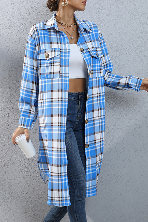 Casual Street Plaid Pocket Buckle Turndown Collar Outerwear