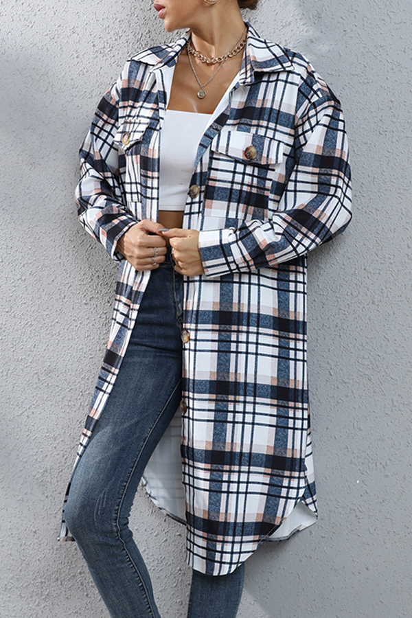 Casual Street Plaid Pocket Buckle Turndown Collar Outerwear