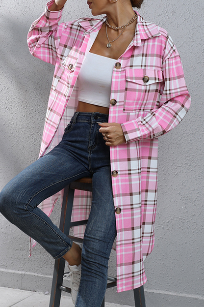 Casual Street Plaid Pocket Buckle Turndown Collar Outerwear