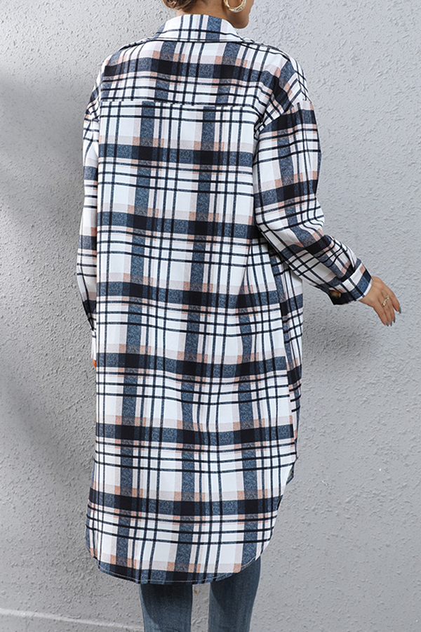 Casual Street Plaid Pocket Buckle Turndown Collar Outerwear