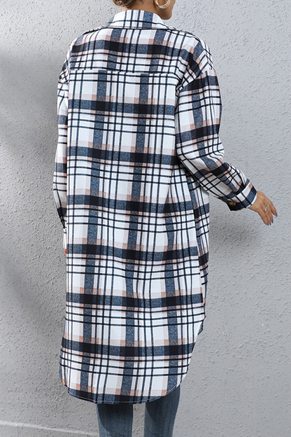 Casual Street Plaid Pocket Buckle Turndown Collar Outerwear