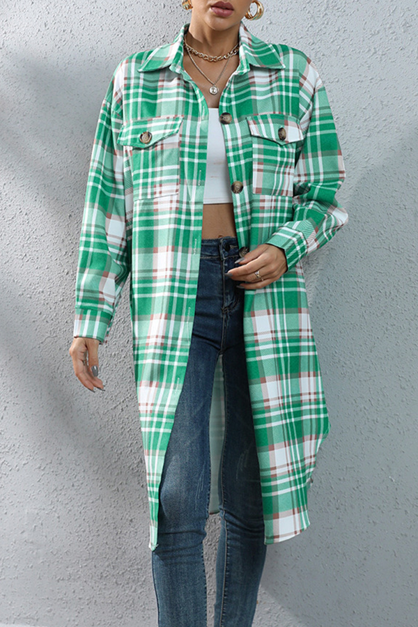 Casual Street Plaid Pocket Buckle Turndown Collar Outerwear
