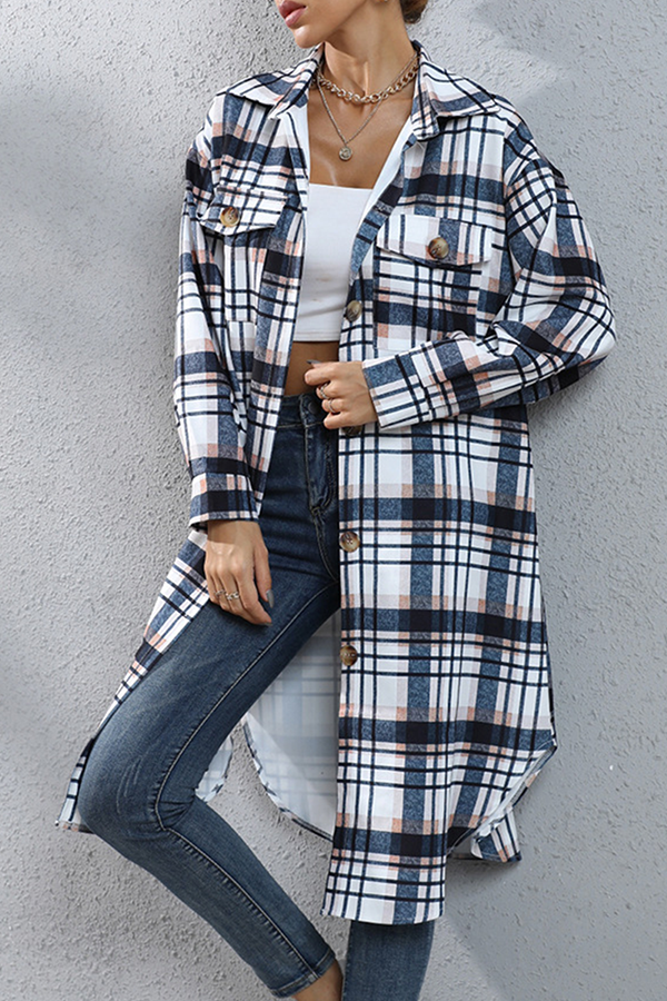 Casual Street Plaid Pocket Buckle Turndown Collar Outerwear