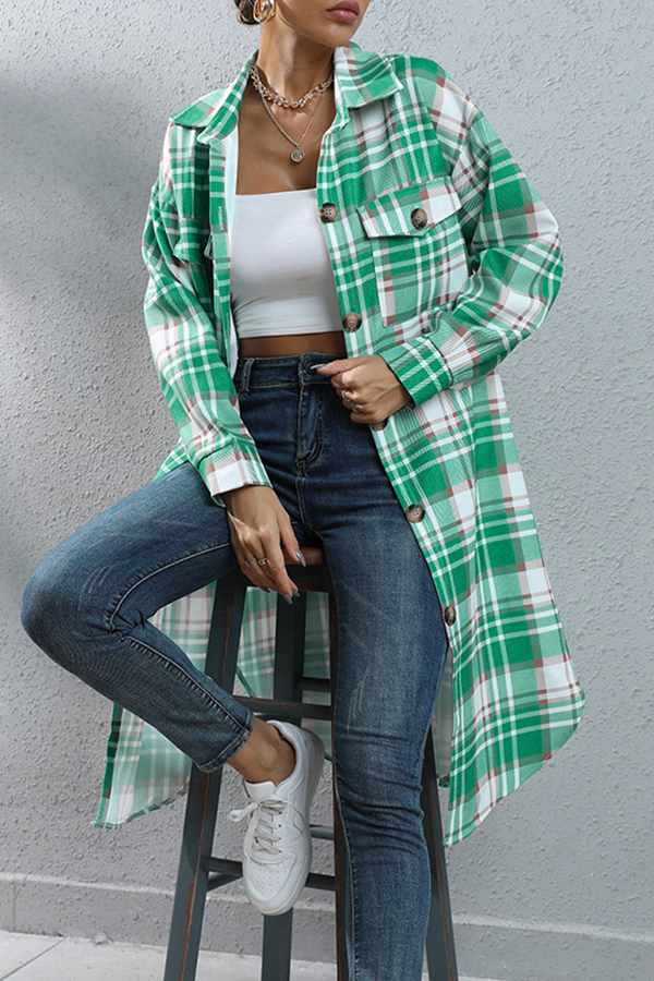 Casual Street Plaid Pocket Buckle Turndown Collar Outerwear