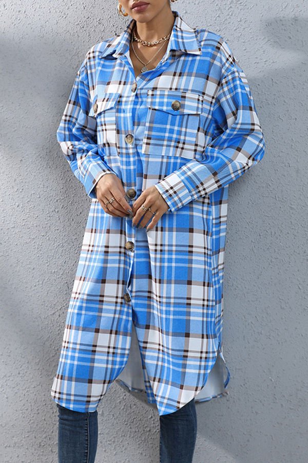 Casual Street Plaid Pocket Buckle Turndown Collar Outerwear
