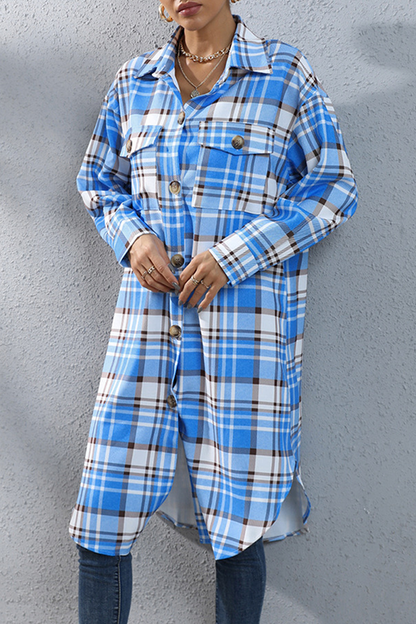 Casual Street Plaid Pocket Buckle Turndown Collar Outerwear