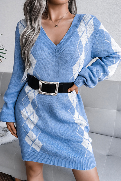Casual Geometric Split Joint  Contrast V Neck Dresses  Sweater (Without Belt)