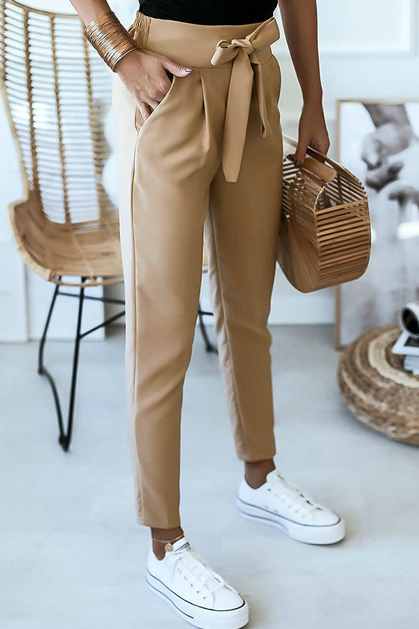 Casual Solid Patchwork Strap Design Pencil Solid Color Bottoms(3 Colors)