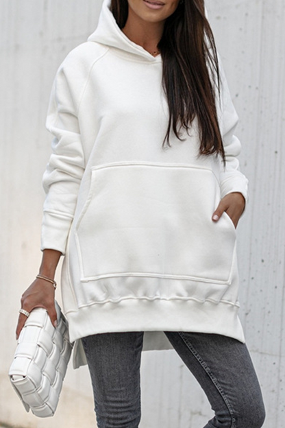 Casual Solid Pocket Slit Hooded Collar Tops
