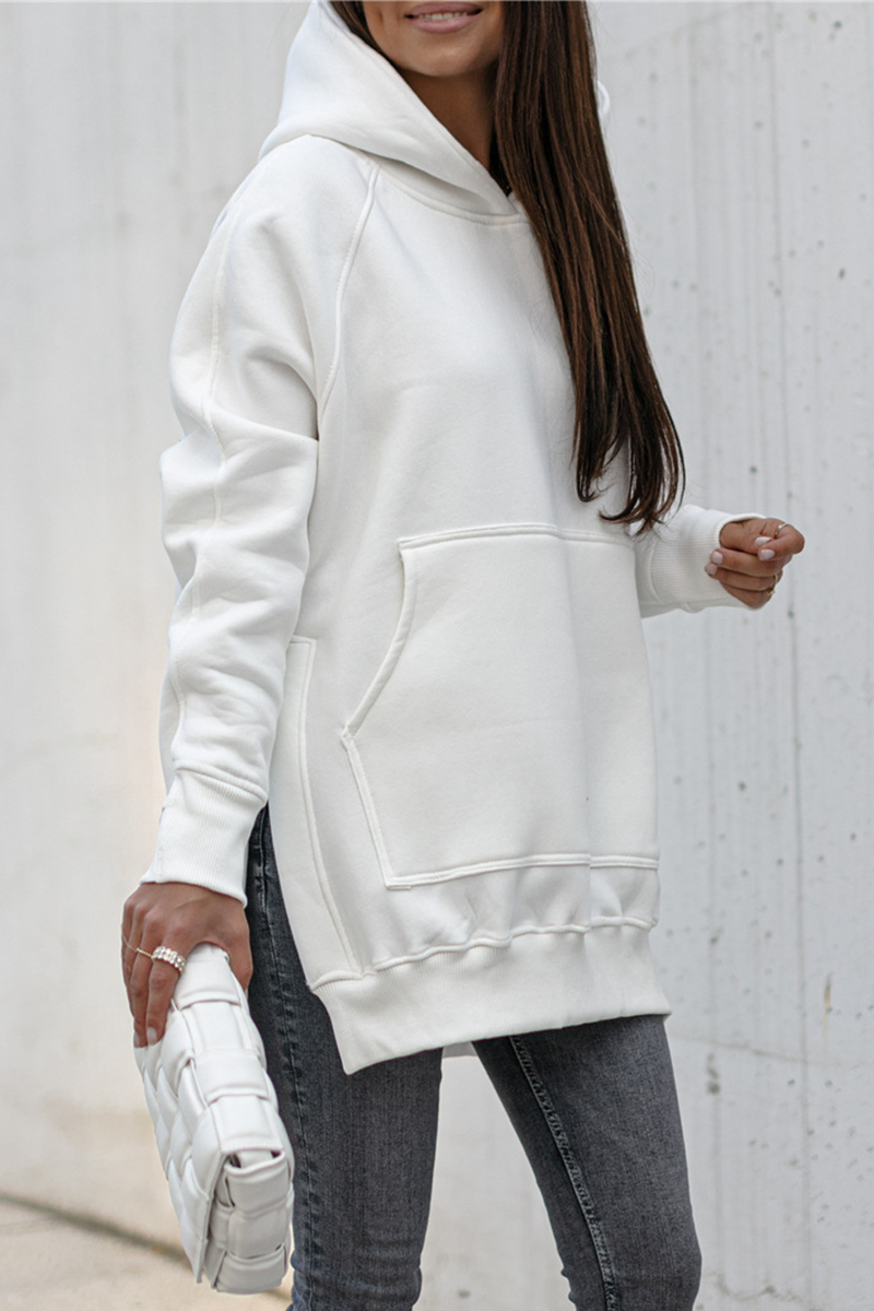 Casual Solid Pocket Slit Hooded Collar Tops