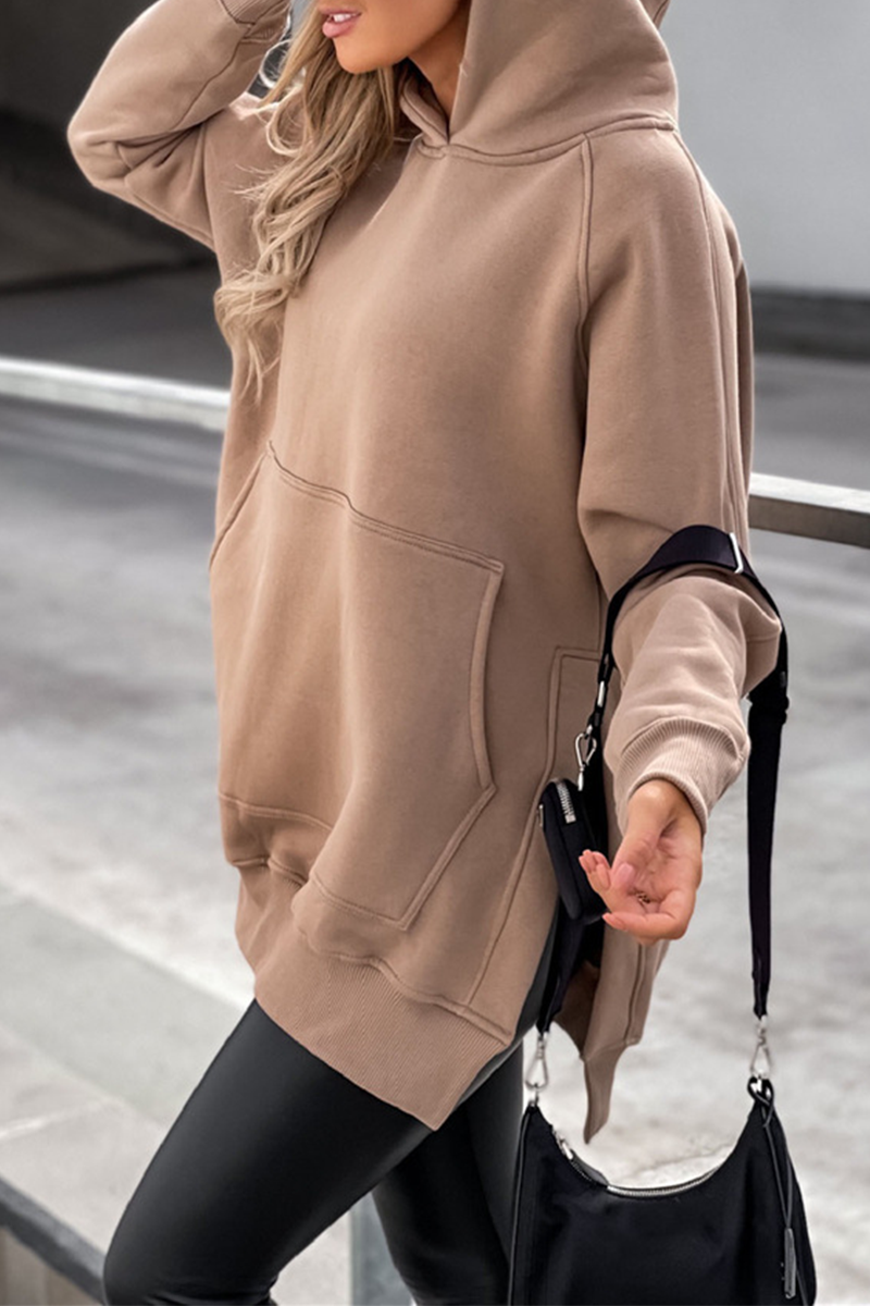 Casual Solid Pocket Slit Hooded Collar Tops