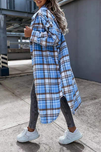Casual Street Plaid Buckle Slit Turndown Collar Outerwear