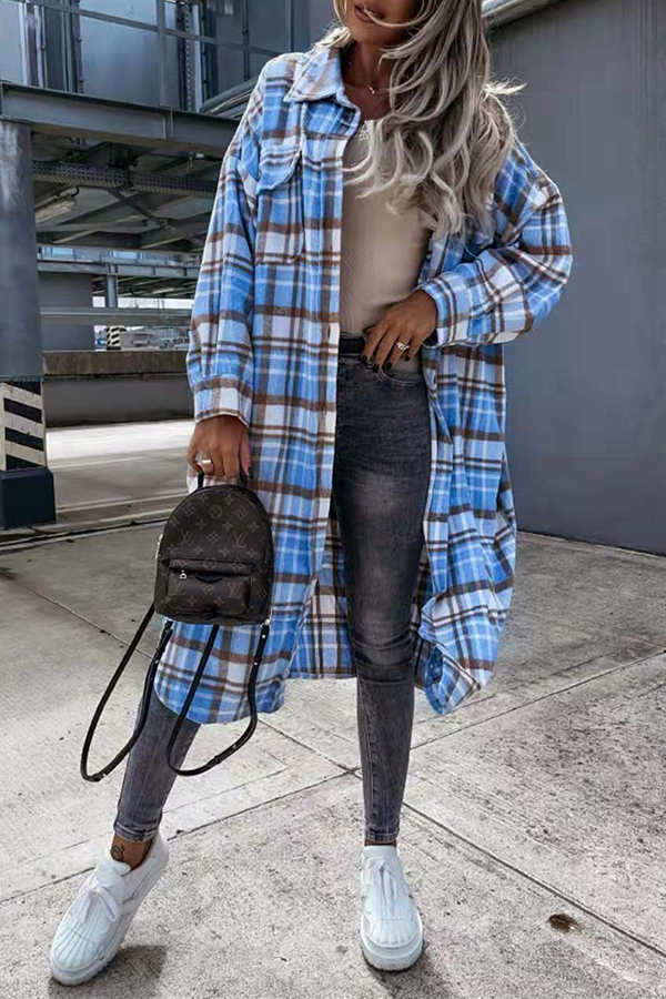 Casual Street Plaid Buckle Slit Turndown Collar Outerwear