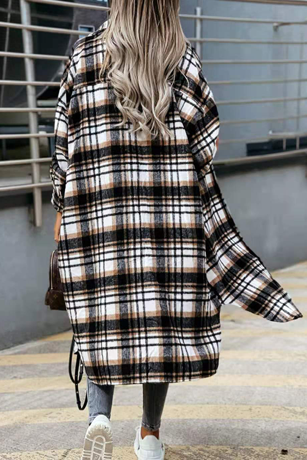 Casual Street Plaid Buckle Slit Turndown Collar Outerwear
