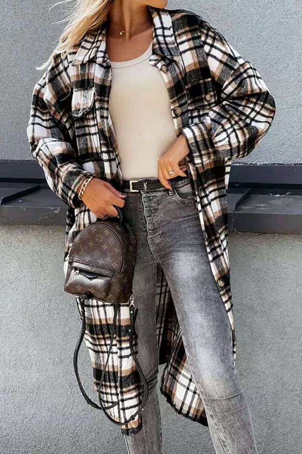 Casual Street Plaid Buckle Slit Turndown Collar Outerwear