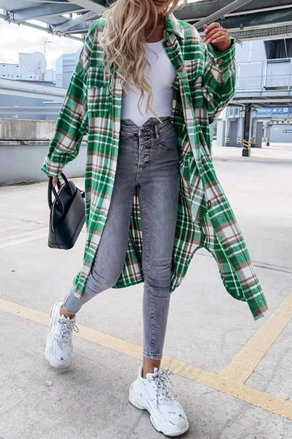 Casual Street Plaid Buckle Slit Turndown Collar Outerwear
