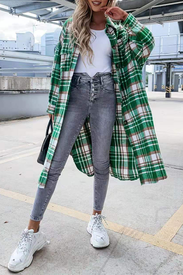 Casual Street Plaid Buckle Slit Turndown Collar Outerwear