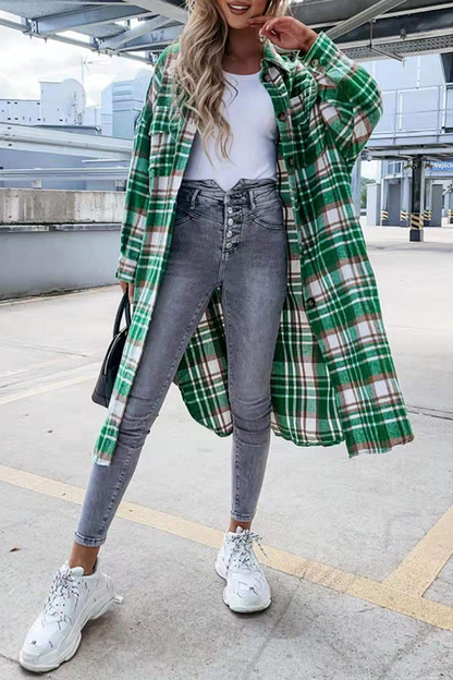 Casual Street Plaid Buckle Slit Turndown Collar Outerwear