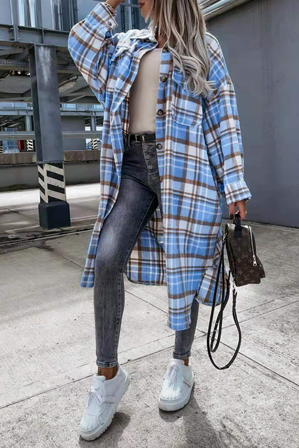 Casual Street Plaid Buckle Slit Turndown Collar Outerwear