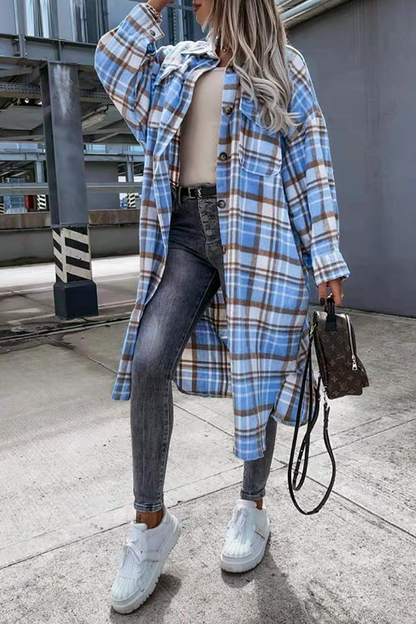 Casual Street Plaid Buckle Slit Turndown Collar Outerwear