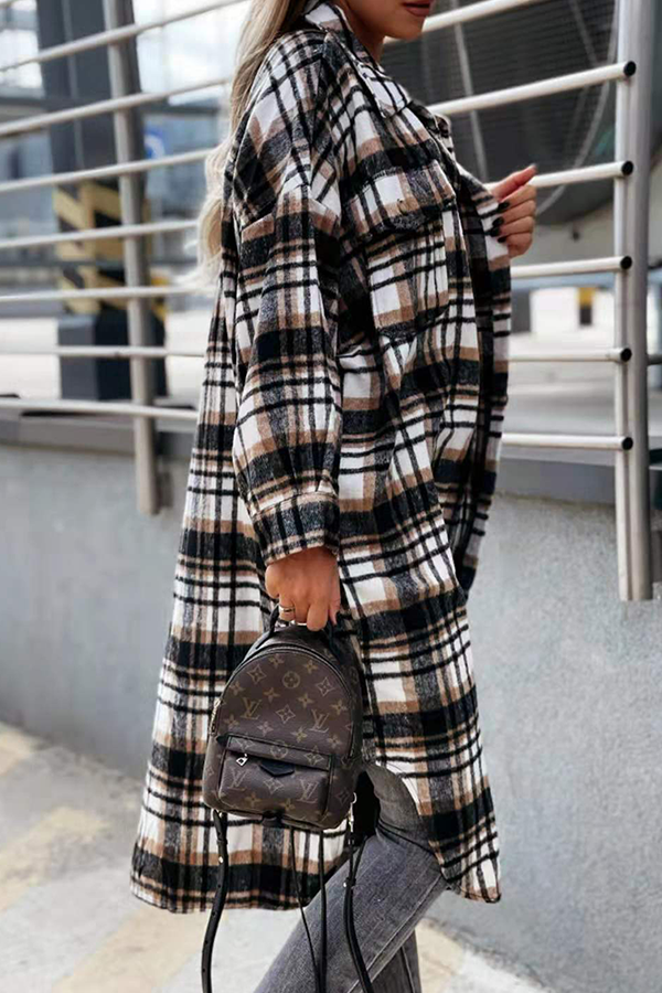 Casual Street Plaid Buckle Slit Turndown Collar Outerwear