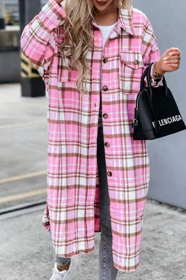 Casual Street Plaid Buckle Slit Turndown Collar Outerwear