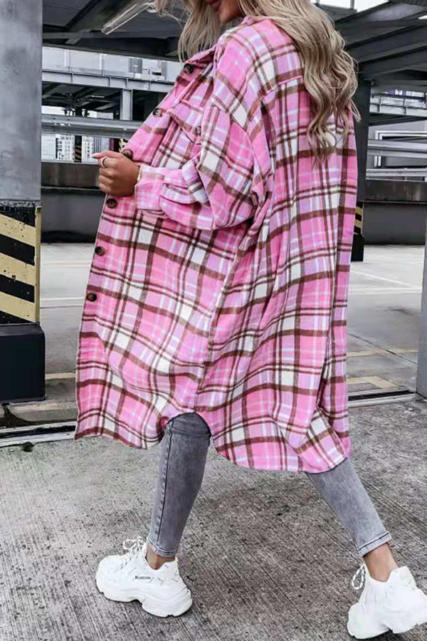 Casual Street Plaid Buckle Slit Turndown Collar Outerwear