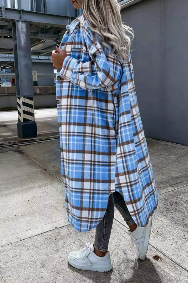 Casual Street Plaid Buckle Slit Turndown Collar Outerwear