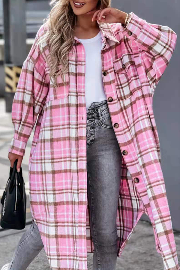Casual Street Plaid Buckle Slit Turndown Collar Outerwear