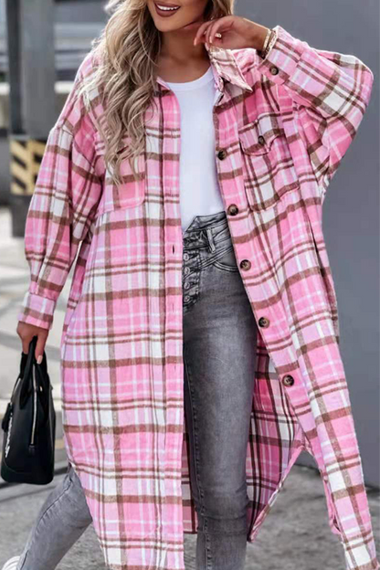 Casual Street Plaid Buckle Slit Turndown Collar Outerwear