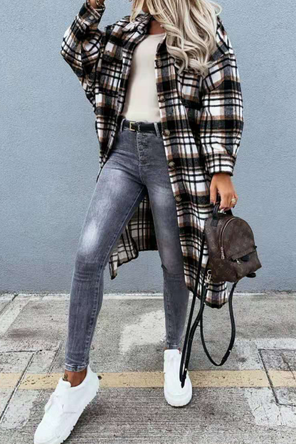 Casual Street Plaid Buckle Slit Turndown Collar Outerwear