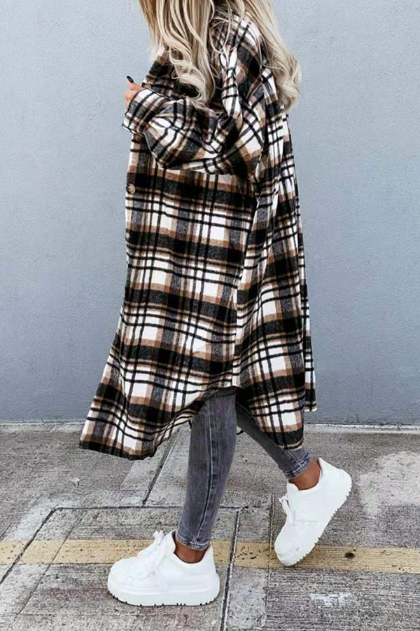 Casual Street Plaid Buckle Slit Turndown Collar Outerwear