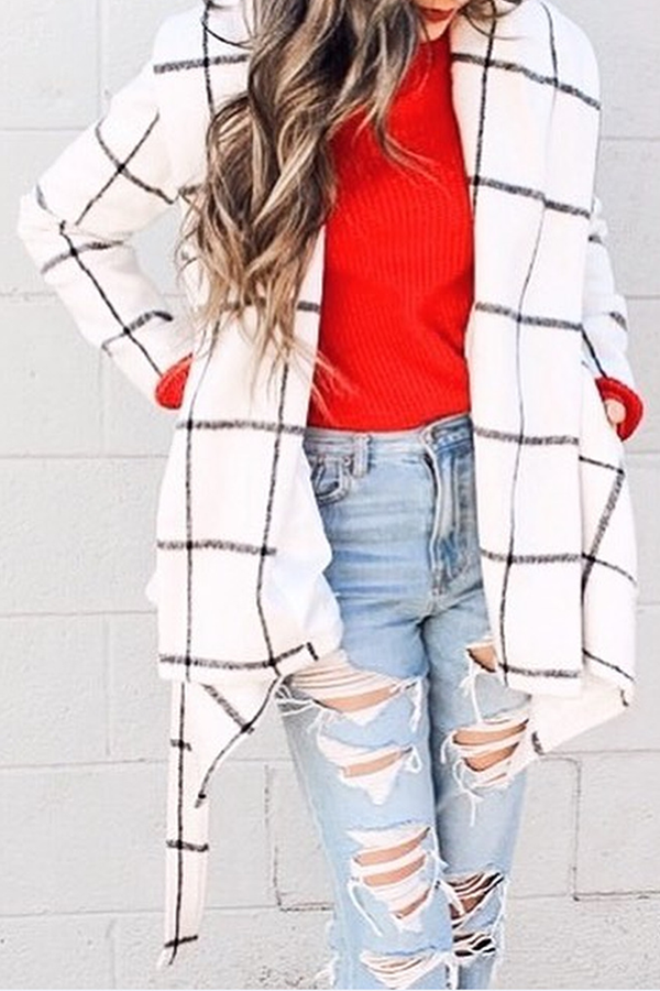 Fashion Elegant Plaid With Belt Asymmetrical Turndown Collar Outerwear