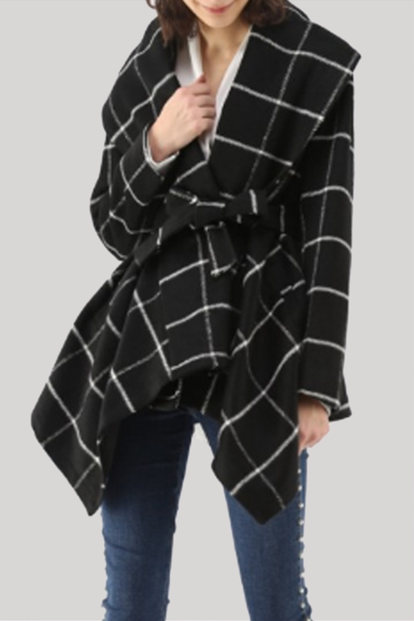 Fashion Elegant Plaid With Belt Asymmetrical Turndown Collar Outerwear
