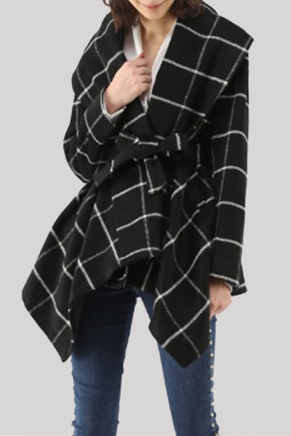 Fashion Elegant Plaid With Belt Asymmetrical Turndown Collar Outerwear